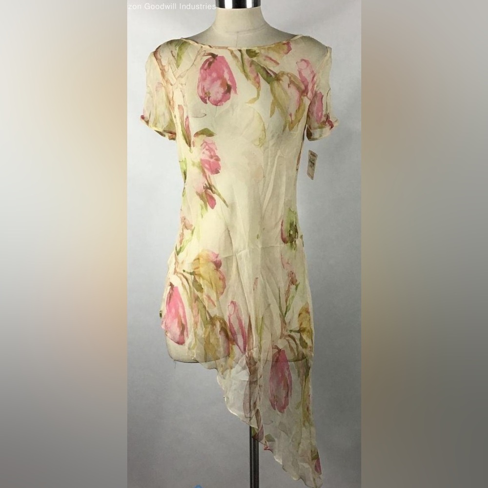 Melinda Eng $1870 Floral Asymmetrical Hem Silk Sheer Dress/Top, NEW WITH TAGS
